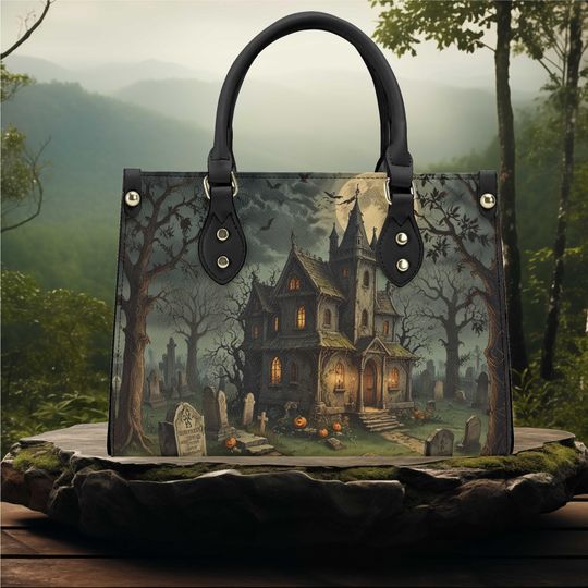 Discover Halloween haunted house graveyard witchy forest whimsical pumpkin shoulder bag tote purse Vegan leather cute fun, No strap top latch closure