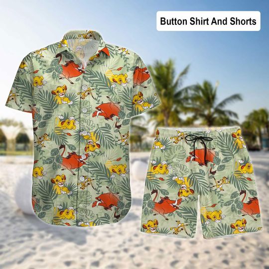 Lion King Floral Button Shirt, Cartoon Shorts, Disney Hawaiian Shirt, Simba Nala Mufasa Timon Pumbaa Shirt, Disneyland, Animal Kingdom