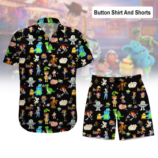 Discover Disney Toy Story Button Shirt And Shorts, Toy Story Friends Summer Outfit, Buzz Woody Jessie Shirt, Pixar Cartoon Gift For Him Her Fans