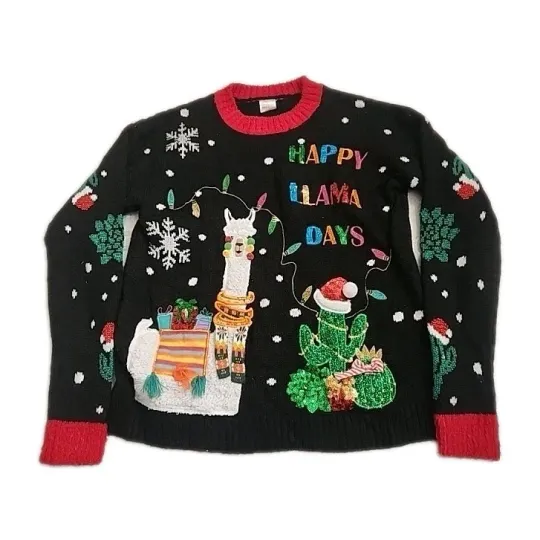 Happy Llama Days Ugly Christmas Sweater Women 0-2 XS 3D Accents Sequins Metallic
