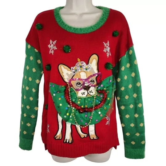Discover United States Sweaters Red Green Dog Embellished Ugly Christmas Sweater Size S