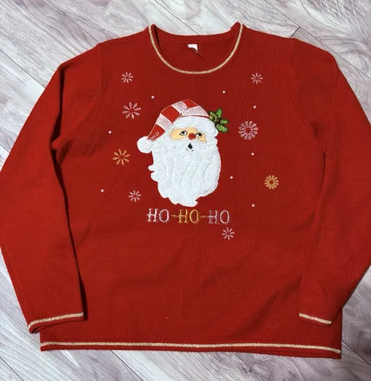 Discover Vintage Santa Red Ugly Sweater 2XL Women Long Sleeve Pullover Ugly Sweater