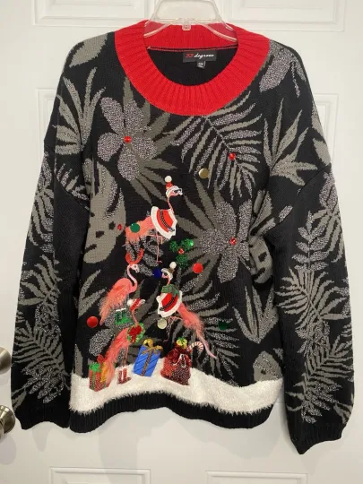 33 Degrees Women's XXL 2XL Black Ugly Christmas Sweater Pink Flamingos