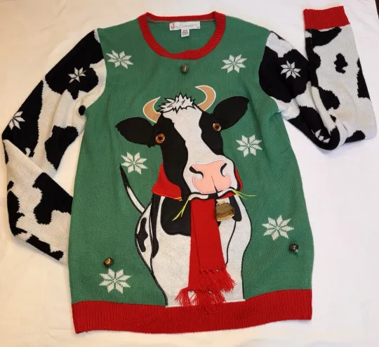 Jolly Sweaters Ugly Christmas Sweater Cow Jingle Bells Red Scarf M Embroidered
