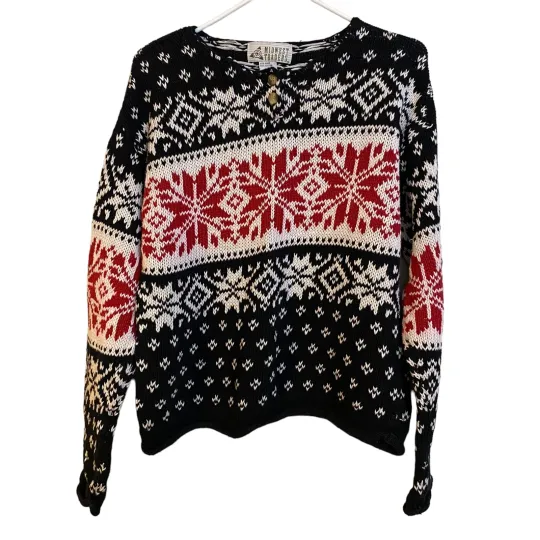 Discover Vintage Midwest Trader Ugly Christmas Knit Sweater Rolled Edge Hem Cuffs Size L