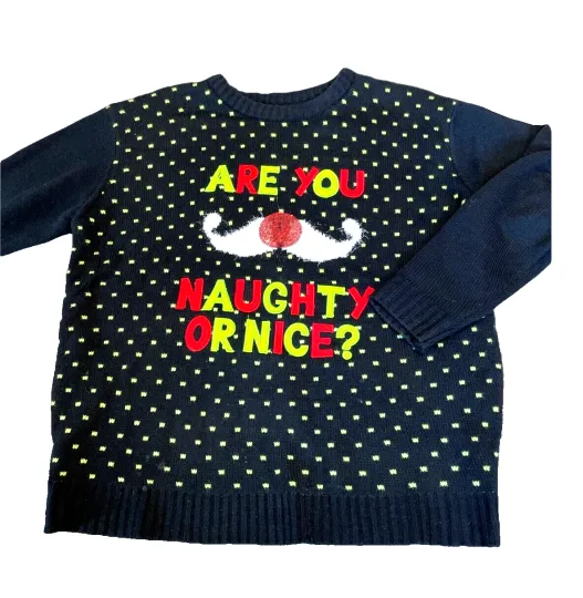 Christmas Ugly Sweater Women's XL Black Naughty or Nice Sequins Textured Holiday