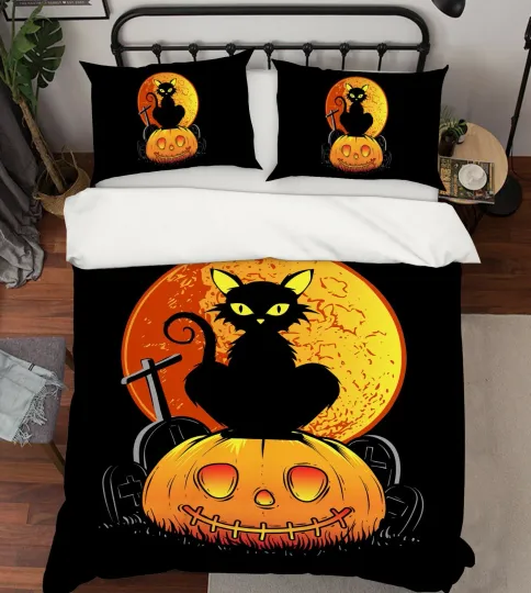 Discover 3D Moon Cat Pumpkin Halloween Bed Pillowcases Quilt Cover Duvet Zoe