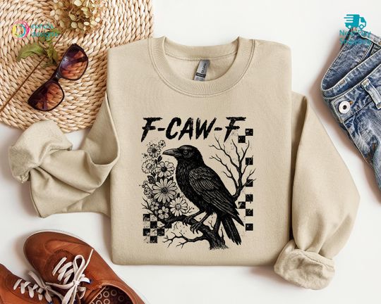 Discover Crow Raven Sweatshirt, F-CAW-F Halloween Hoodie, Spooky Dark Bird Sweater, Gothic Floral Checkered Gift, Halloween Party Fall Pumpkin Gift
