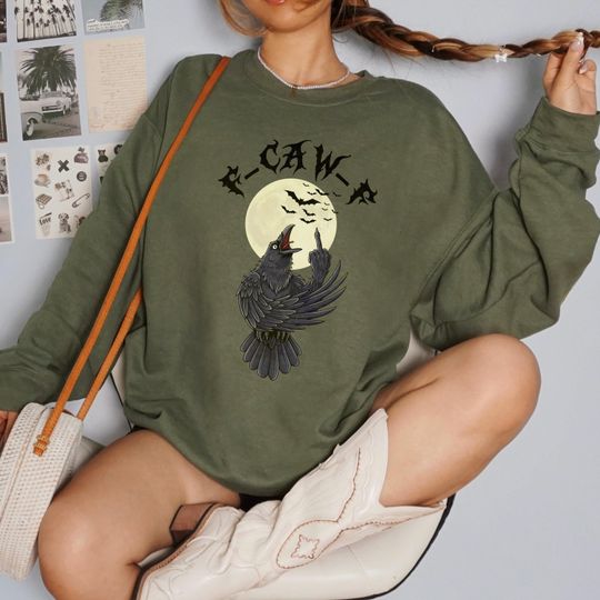 Discover F-Caw-F Crow Halloween Sweatshirt, Black Raven Middle Finger Tee, Gothic Metal Bird T Shirt, Funny Rude Design, Spooky Graphic Tee