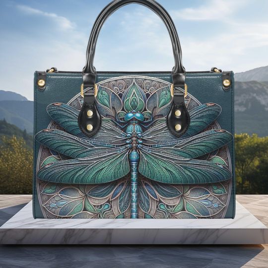 PU Leather Tote & Shoulder Bag with Dragonfly Art, Inner Lining Options