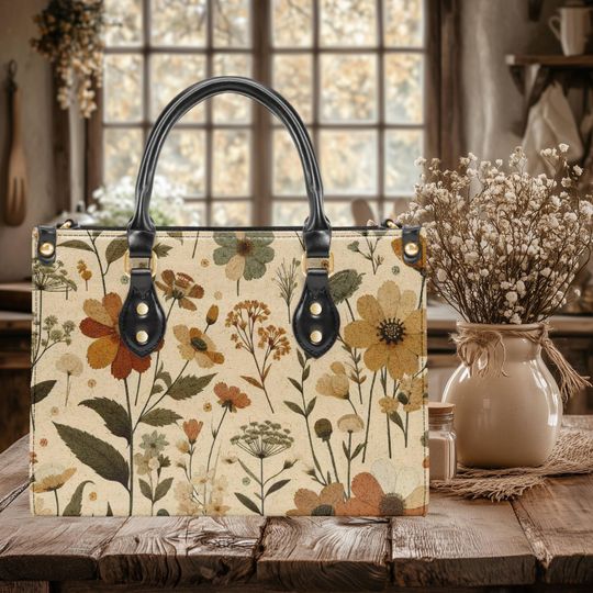 Women’s Leather Tote Bag Flowers Floral Cottagcore Farmhouse Fall Winter Purse