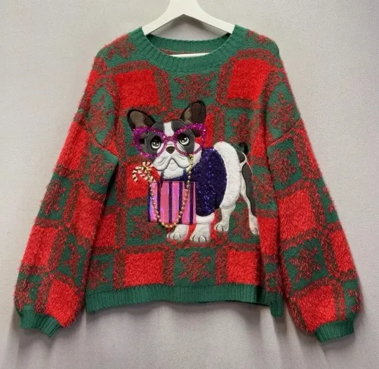 Discover French Bulldog Women’s M Ugly Christmas Sweater Holiday Time Dog Wearing Glasses