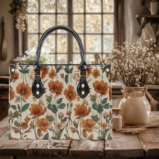 Discover Women  leather Handbag tote purse beautiful Retro botanical wildflowers floral Cottagecore farmhouse fall winter colors purse
