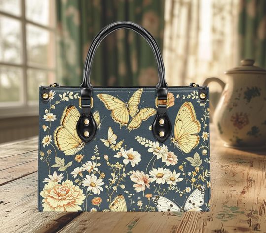 Discover Women's Tote Bag shoulder bag  vegan leather Handbag tote purse spring summer fall cottagecore butterfly floral botanical design