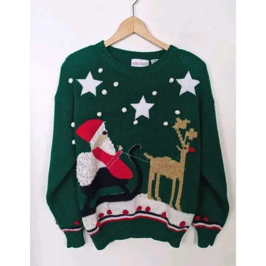 Discover Adell Barre Medium Vintage Ugly Christmas Sweater Green Rudolph Santa Poms