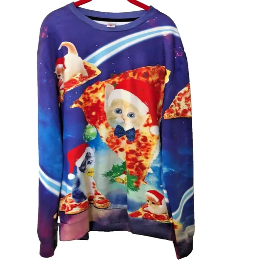 Discover Sweater Cat Pizza UGLY CHRISTMAS Sweater Holiday Blue Crazy Cat Lady Shirt