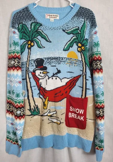 Novelty Cute Ugly Christmas Sweater Women's (L) Tropical Snowman Holiday Snow