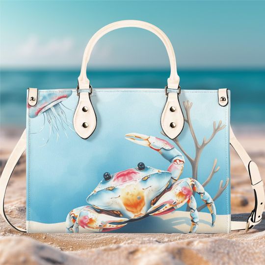 Discover Luxury Women vegan leather Handbag tote blue crab jellyfish coral reef spring beach bag travel case purse summer tote everyday shoulder bag
