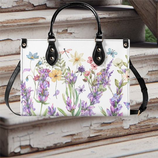 Women's Leather Shoulder Bag with Floral Wildflower Design in Purple Dragonfly Pattern