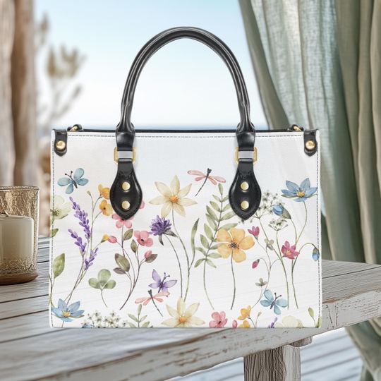 Discover Handbag shoulder tote bag vegan  Leather 2 sizes and 2 inside lining colors cottagecore floral flowers spring summer fall everyday purse