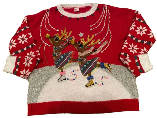 Holiday Time Unisex Adult Ugly Christmas Pullover Sweater Sz M Skating Reindeer