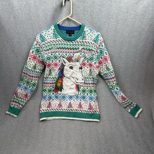 Blizzard Bay Ugly Christmas Sweater White Pink Green Unicorn Adult Small