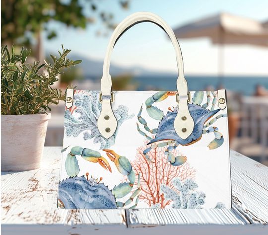 Discover Summer fun beach coral reef crabs purse design small tote bag, spring vacation bag Vegan leather with strap "has a latch for top closure"