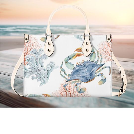 Discover Women  leather Handbag tote Art deco Crab Ocean theme abstract art purse | Large Tote would be Perfect for Vacation Beach Travel