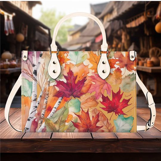 Discover Luxury Women  leather Handbag tote purse spring summer fall leaves with white bark art design floral botanical art gift Mom wife Grandma