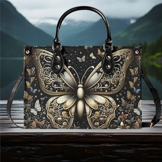 Luxury Vegan Leather Handbag Tote with Butterfly Design, Spring Summer Fall Beach
