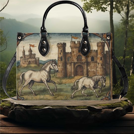 Discover Vegan Leather Tote Bag: Medieval Castle & Horse Design
