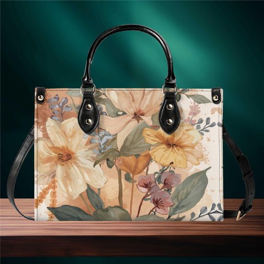 Discover Vegan leather Handbag tote purse spring summer fall aesthetic flower floral botanical design purse top handles with strap 2 sizes