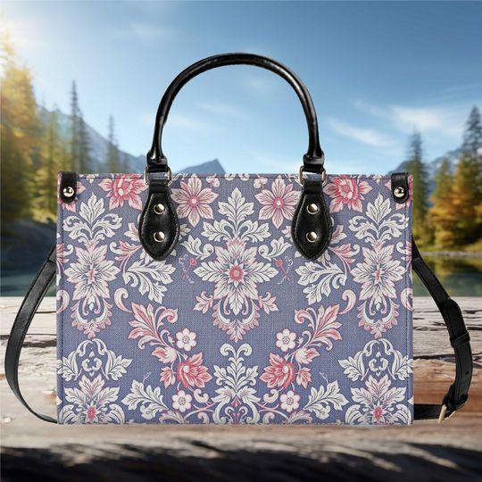 Discover Vegan Leather Handbag Tote with Floral Design, Top Handles and Strap