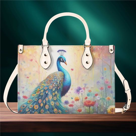 Women’s PU Leather Handbag Shoulder Bag Tote with Floral Rainbow Design