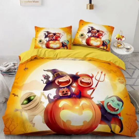 3D Halloween Pumpkin Bed Pillowcases Quilt Duvet Cover Set Queen King Fay
