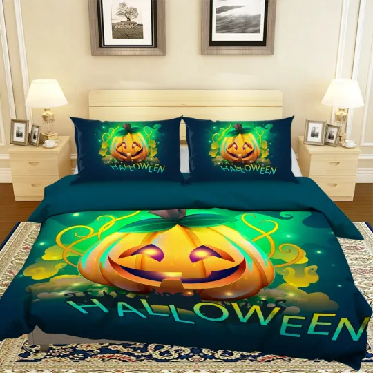 3D Forest Pumpkin Lantern Halloween Bed Pillowcases Duvet Cover Quilt Amy