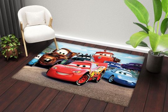 Kids Car Rug  Colorful Cartoon Race Car Carpet, Playroom Floor Mat