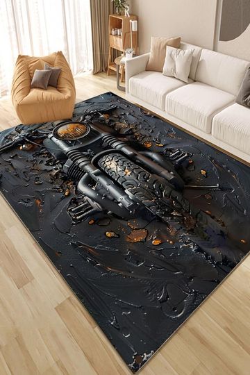 Discover 3D Motorcycle Rug  Biker Living Room Carpet, Modern Man Cave Decor, Cool Motorbike Floor Mat, Machine Washable Non-Slip Rug