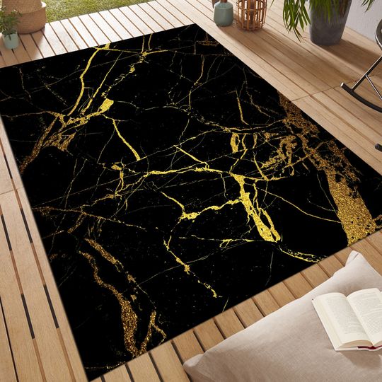 Discover Marble Rug, Gold Detailed Black Area Rug, Black Marble Rug,Saloon Rug, Home Decor Rug