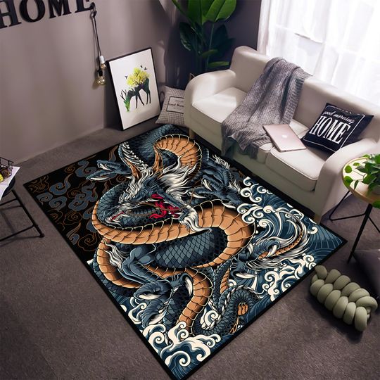 Discover Dragon rug, Japanese Life Dragon Rug, Dragon Decor, Dark Dragon Rug, Area Rug
