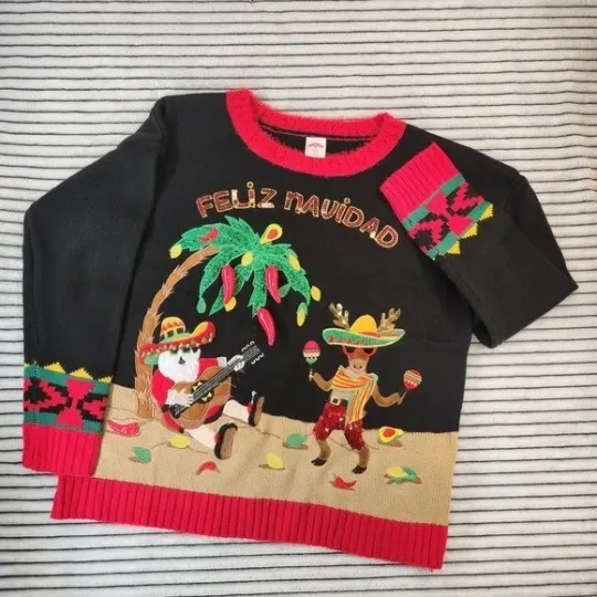 3D Santa Reindeer Feliz Navidad Ugly Christmas Sweater Funny Tropical chest 38