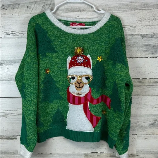 33 Degrees Ugly Christmas Xmas Sweater Llama Glasses Oversized Women’s Size L