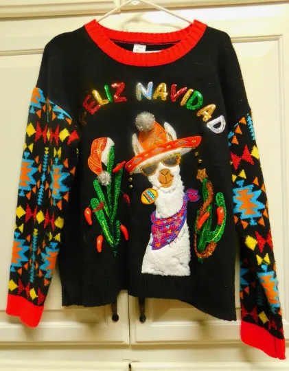 Ugly Christmas Sweater Holiday Party Feliz Navidad Llama BRIGHT sparkle charms L