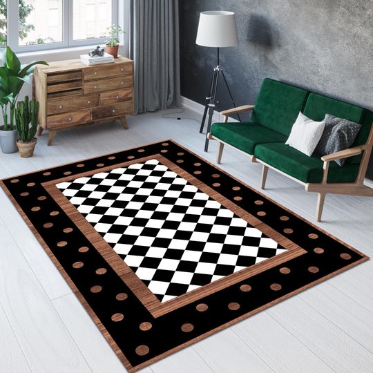 Discover Checkered Rug, Brown Detail Black Rug, Kitchen Rug, Livingroom Decor
