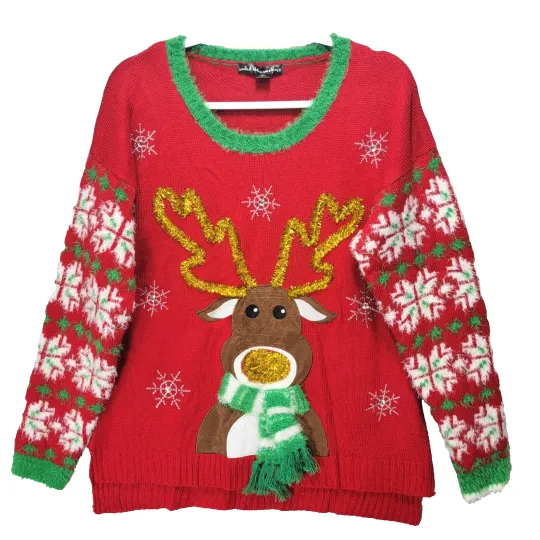 United States Sweaters Women L Ugly Christmas Reindeer 3D Rhinestone Tinsel Fur