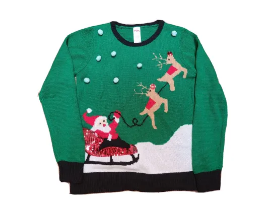 Discover Ugly Christmas Sweater Santa and Reindeer Sequins Pom Poms Sz S Contest Winner