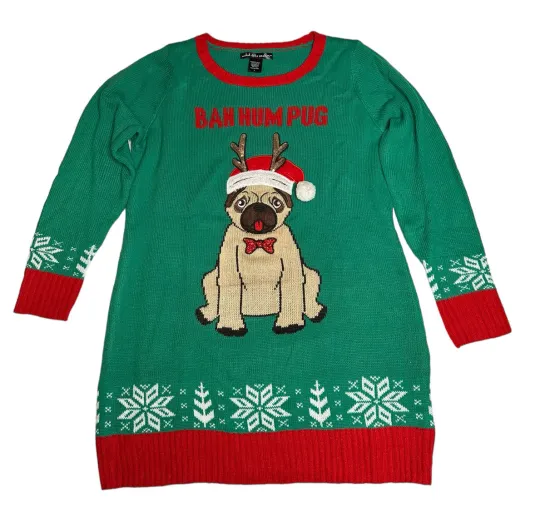 United States Sweater Green Red Womens Bah Hum Pug Ugly Christmas Sweater Size L
