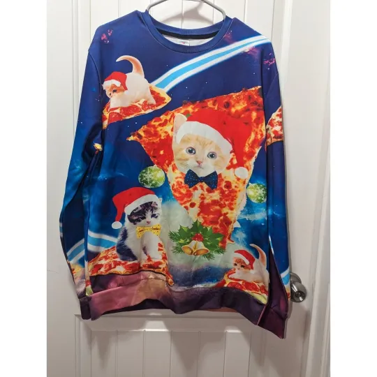 Discover Unisex Galaxy Christmas Cat On Pizza Ugly Christmas Sweater Size Large
