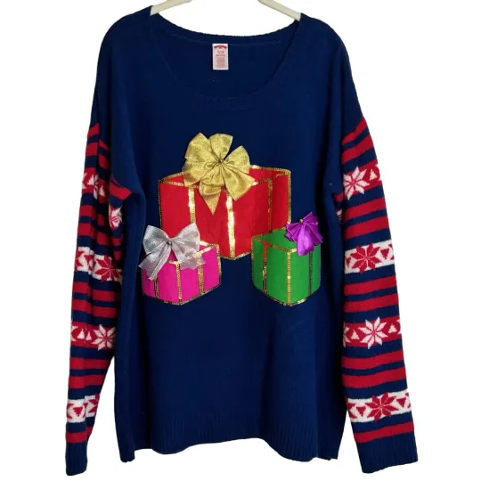 Holiday Time Womens Ugly Christmas Sweater XL Navy Blue Gifts Bows Colorful 3D