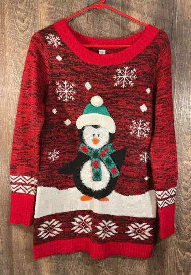 No Boundaries Ugly Christmas Sweater- Penguin in Scarf  Hat  Snowflakes-